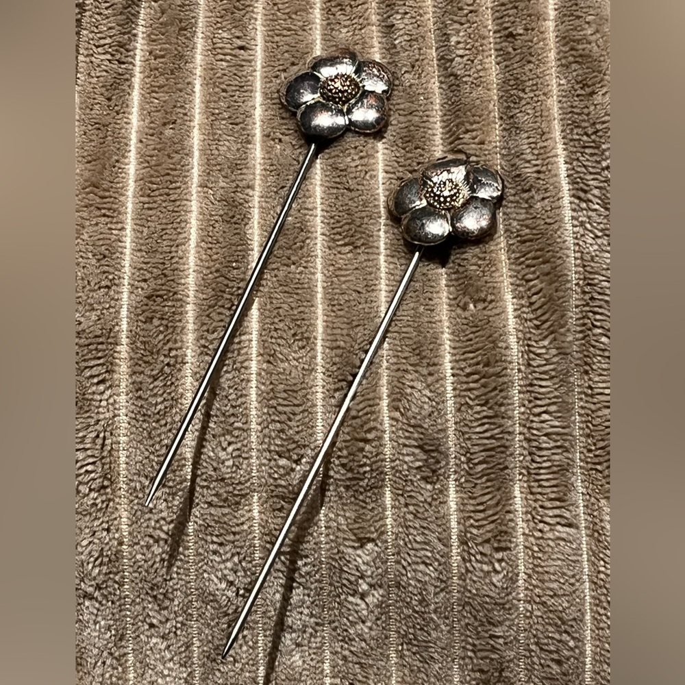 Pair of Vintage Floral Hat Pins Hair Pins Antiqued Metal Flower Design